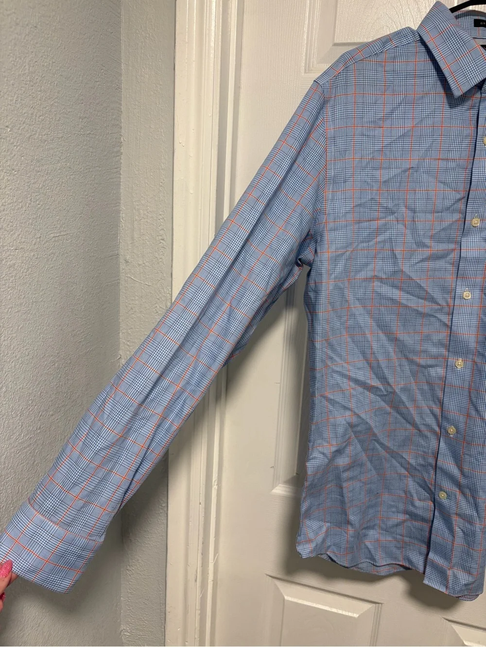 Banana Republic Light Blue Plaid Dress Shirt with Orange Accents